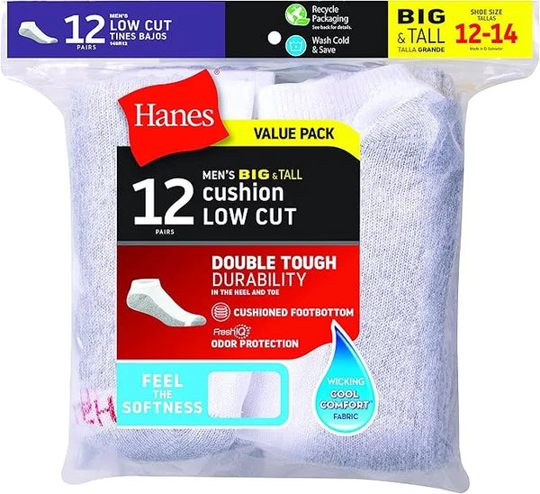 Hanes King Size Mens Low Cut Ankle Sock Size 13-15 Shoe Size 12-14