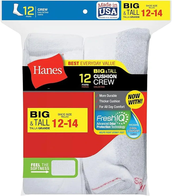Hanes Big And Tall King Size Mens Crew Socks Shoe Size 12-14