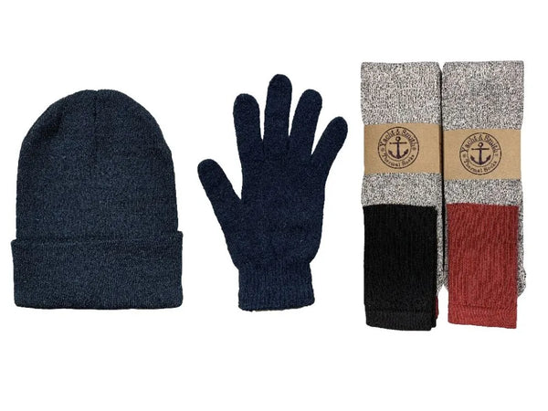 Mens 3 Piece Winter Set, Thermal Tube Socks Black Gloves And Beanie Hat